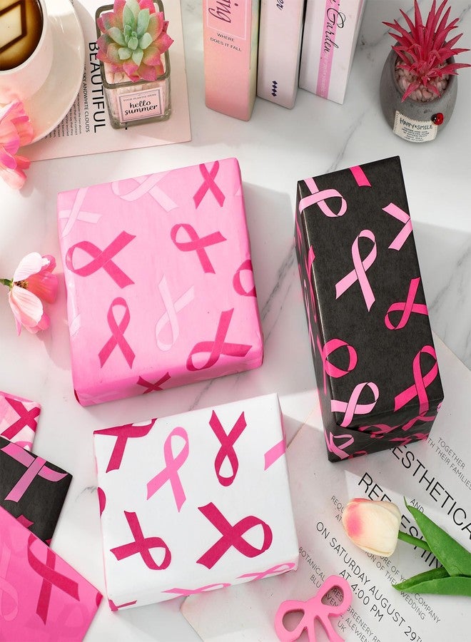 وولاين ورق تغليف هدايا من والين، 90 ورقة، بنقشة الشريط الوردي، للتوعية بسرطان الثدي، متوفر باللونين الأسود والوردي والأبيض، مناسب للأعمال اليدوية، للنساء والفتيات، ولحفلات شهر سرطان الثدي الخيرية، مقاس 14 × 20 بوصة - Image 3